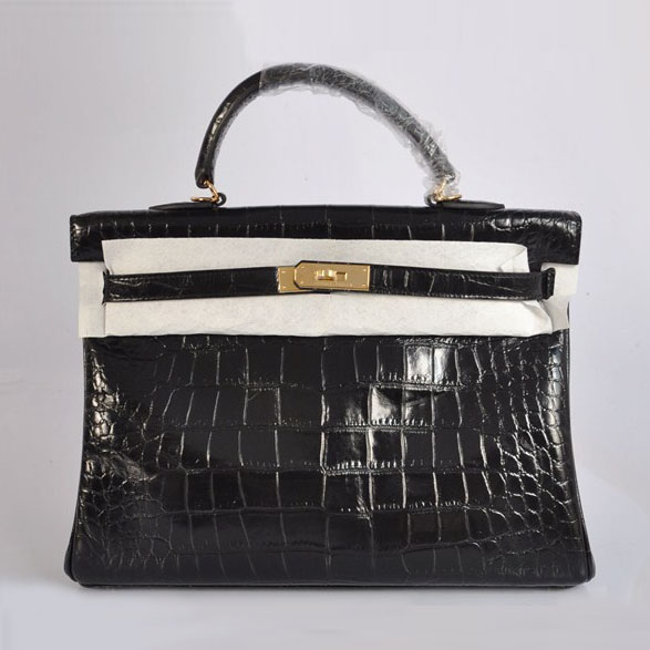 High Quality Hermes Kelly 35cm Crocodile Veins Leather Bag Black H035